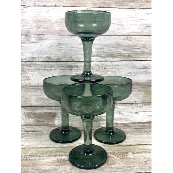 Vintage Avocado Green Coupe Glasses Set Of 4 - Recycled Hand Blown Glasses. - Picture 2 of 7